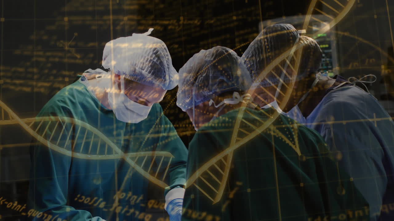Surgeons performing operation with DNA strand and data processing animation overlay