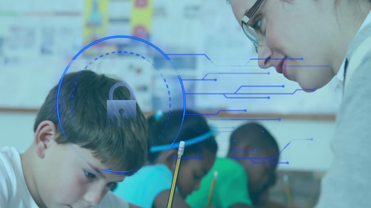 Teacher assisting focused student with digital brain interface animation overlay