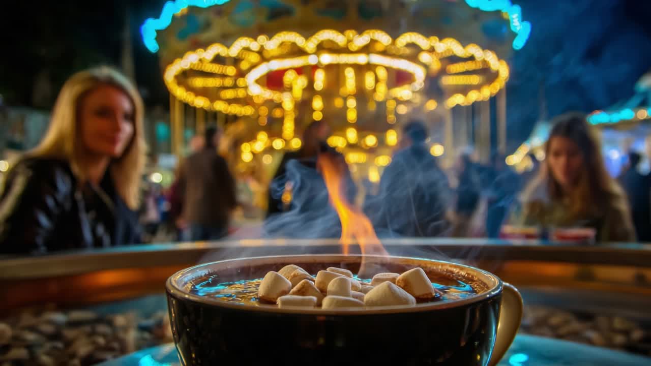 Cozy Evening Indulgence: A Warm Cup of Hot Chocolate with Marshmallows Against a Twinkling Carnival Background Full of Bright Lights and Joyous Energy Capturing the Essence of Winter Festivities
