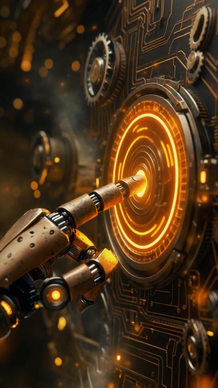 Dito Robotico che Tocca un'Interfaccia Digitale Luminosa