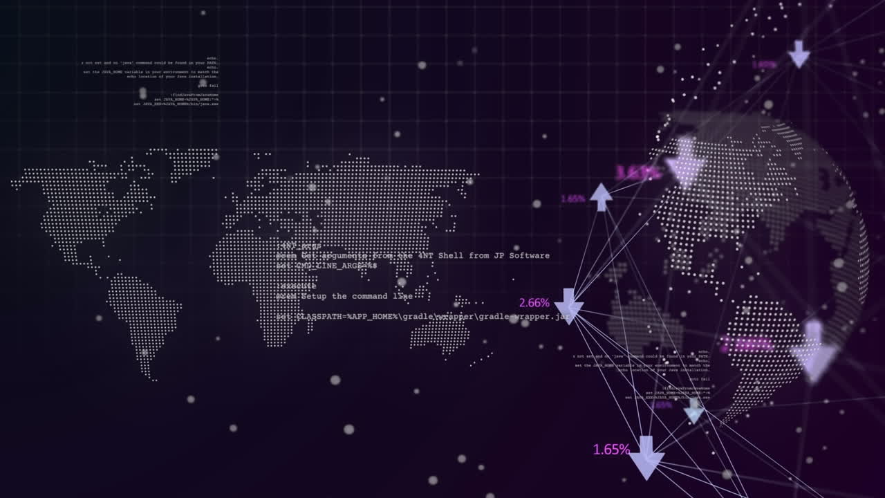 세계 지도 및 지구와의 연결 네트워크와 함께 데이터 처리의 애니메이션