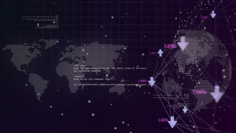 animation of data processing with world map and network of connections with globe