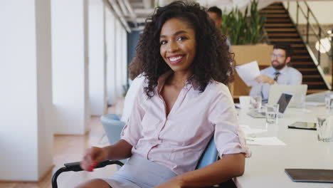 portrait of businesswoman in modern office with colleagues meeting around table in background
