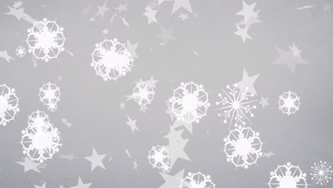 animation of snow falling and stars at christmas on white background