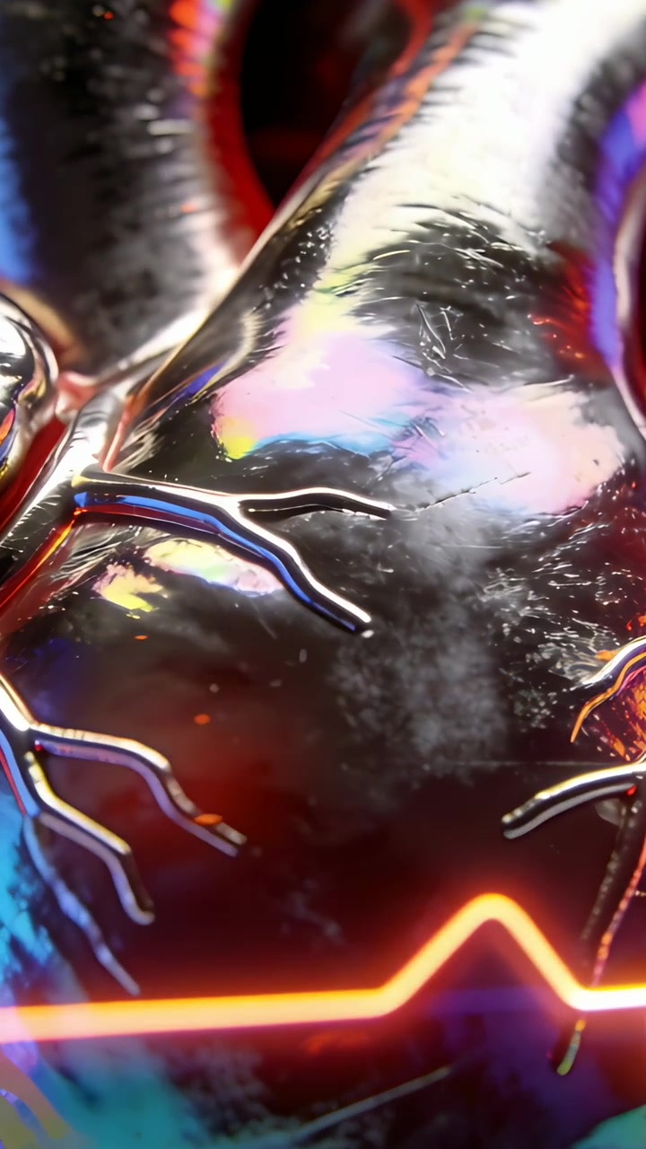 Vertical video: Shifting lighting making metal form revealing texture in studio, neon line pulsing