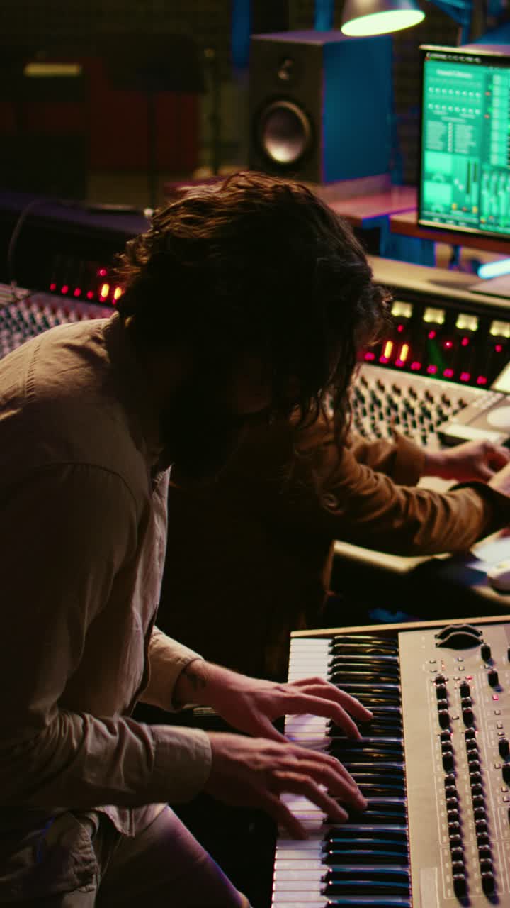 Music Producer Playing Keyboard in a Professional Recording Studio