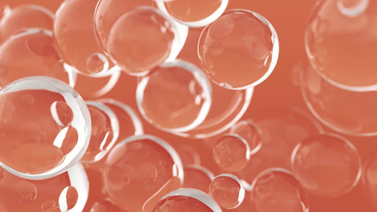 오렌지색 배경의 물 위에 거품 기름, 날아다니는 추상 유리 또는 물 어리 또는 방울, 4k uhd의 3d 애니메이션, 비누 거품 분리