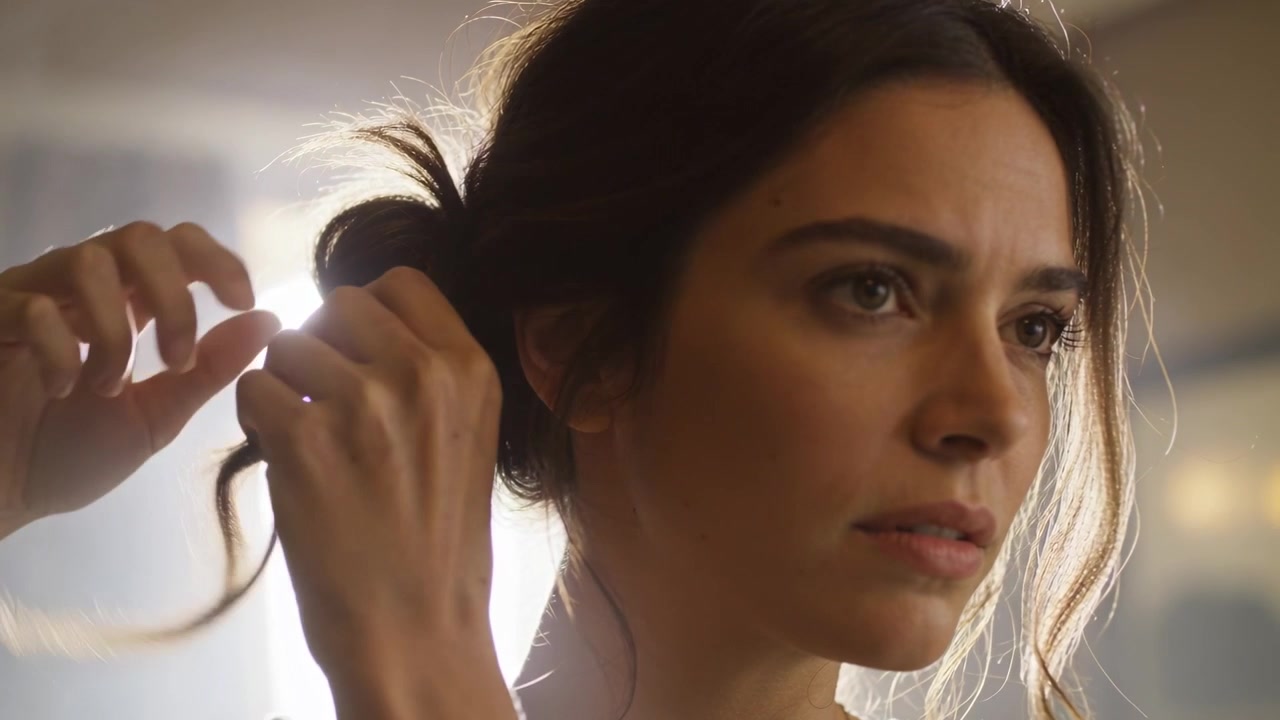 Donna con top senza maniche che solleva sezioni di capelli, si fa uno chignon basso a casa usando le mani e un elastico per capelli.
