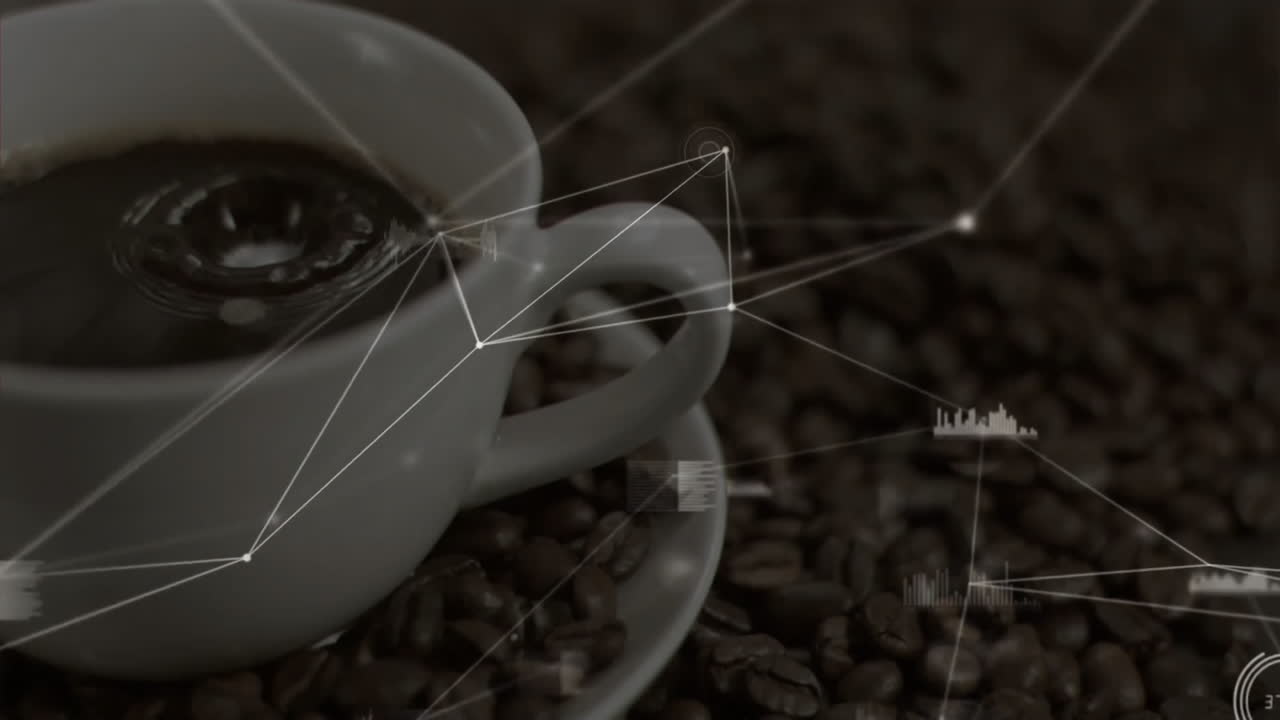 White ceramic coffee cup being animated on roasted coffee beans, displaying digital network overlay