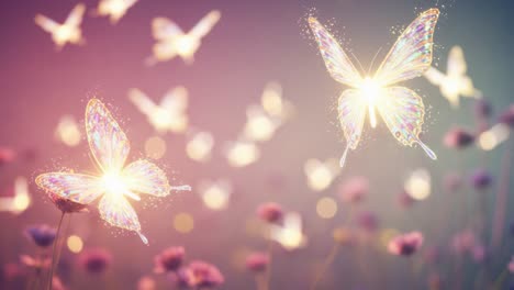 A Captivating Display of Glittering Butterflies Fluttering Amongst Colorful Flowers, Bathed in Soft Light and Enveloped by a Dreamy Atmosphere of Nature&#039;s Beauty
