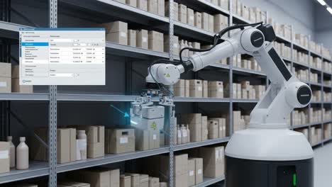 automated robotics in action: a cutting-edge robotic arm operating in a modern warehouse setting for efficient inventory management and loading operations