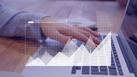 animación de estadísticas y procesamiento de datos sobre una mujer de negocios caucásica que utiliza una computadora portátil