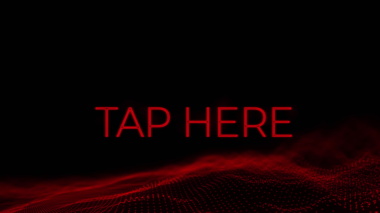 animación del toque aquí texto parpadeante rojo con malla brillante roja sobre fondo negro