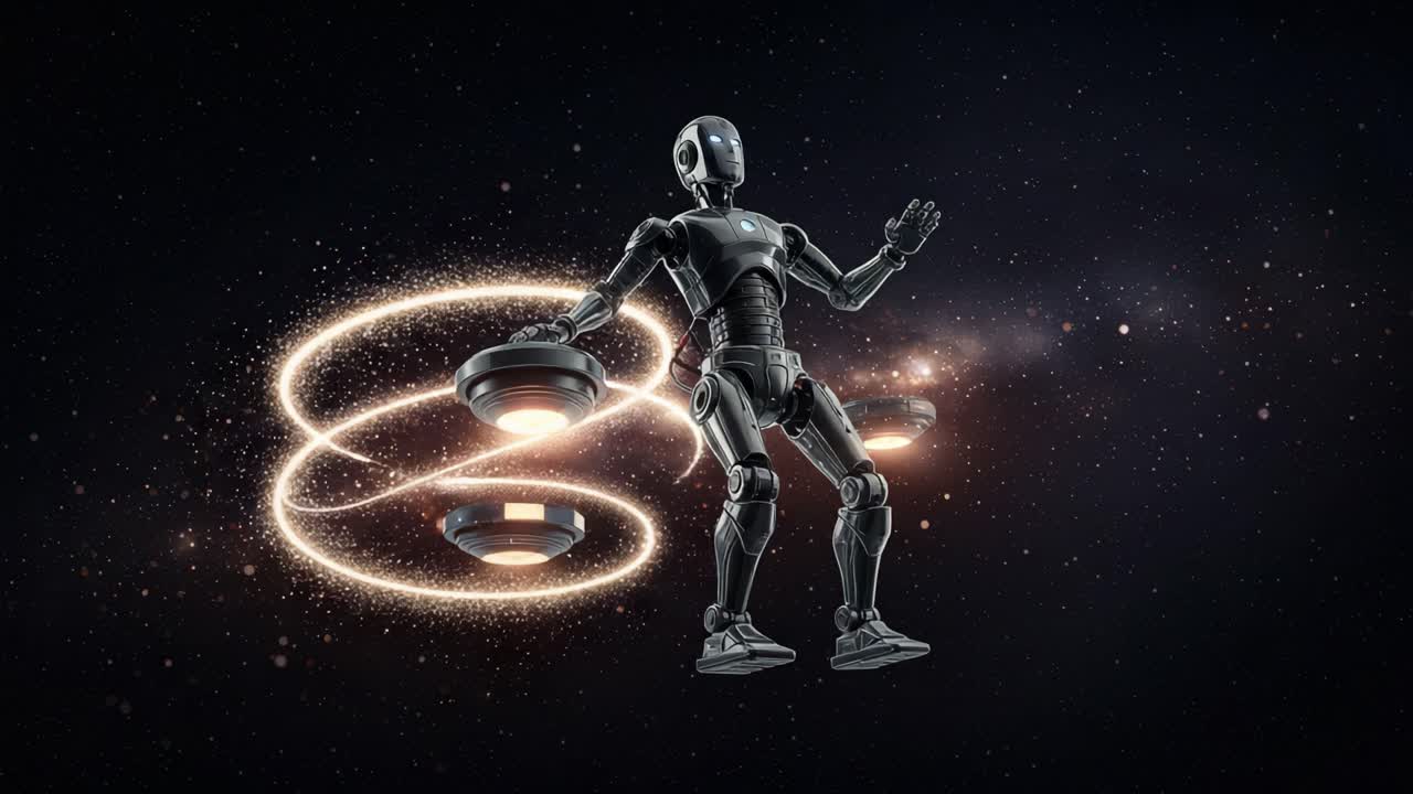 A Futuristic Robot Model Floating in Space, Manipulating Hovering Discs Amidst a Cosmic Background Filled with Stellar Particles and Enigmatic Light Trails