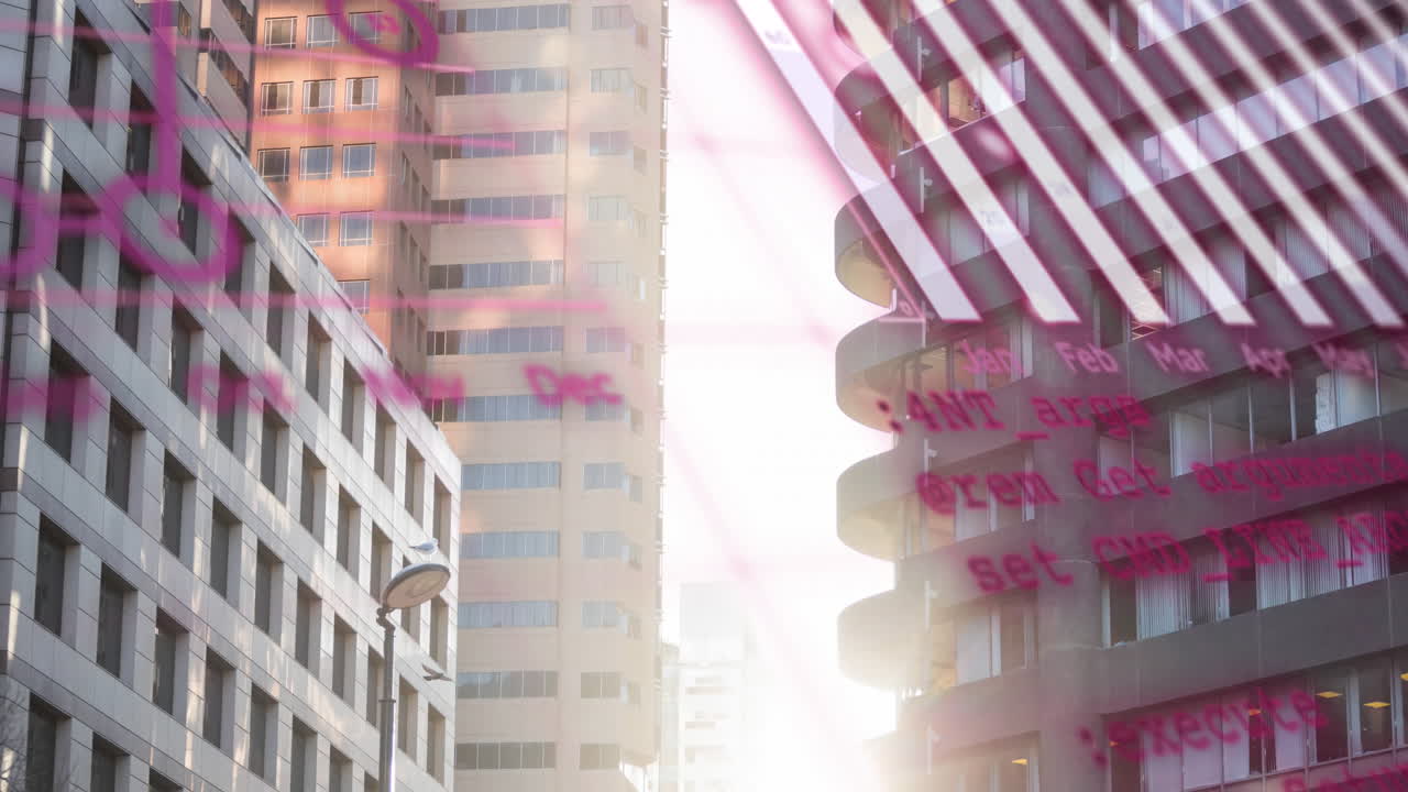 높은 건물의 시야에 맞춰 통계 데이터 처리의 애니메이션