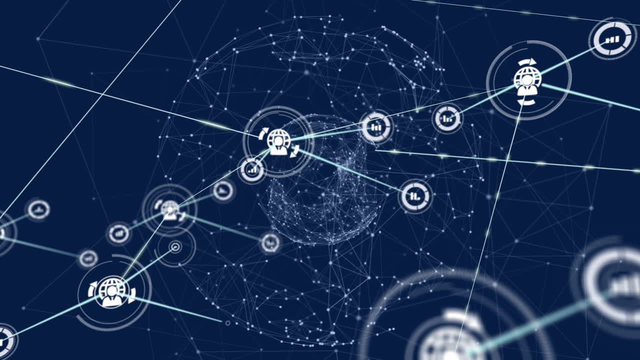 Animation of network of connections with icons over globe