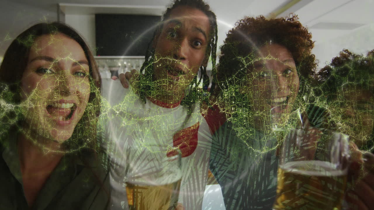 Three friends enjoying drinks with digital network animation overlaying their faces