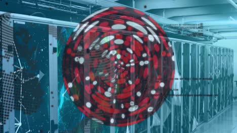 Red-abstract-circular-shape-spinning-over-globe-against-computer-server-room