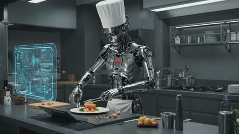 a futuristic robot chef skillfully prepares a gourmet dish in a modern kitchen, showcasing advanced culinary technology and precision cooking techniques