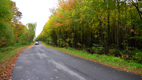 Ford-Pickup-Fährt-Auf-Einer-Kleinen-Straße-Vorbei,-Die-Von-Herbstlichen-Ahornblättern-Umgeben-Ist