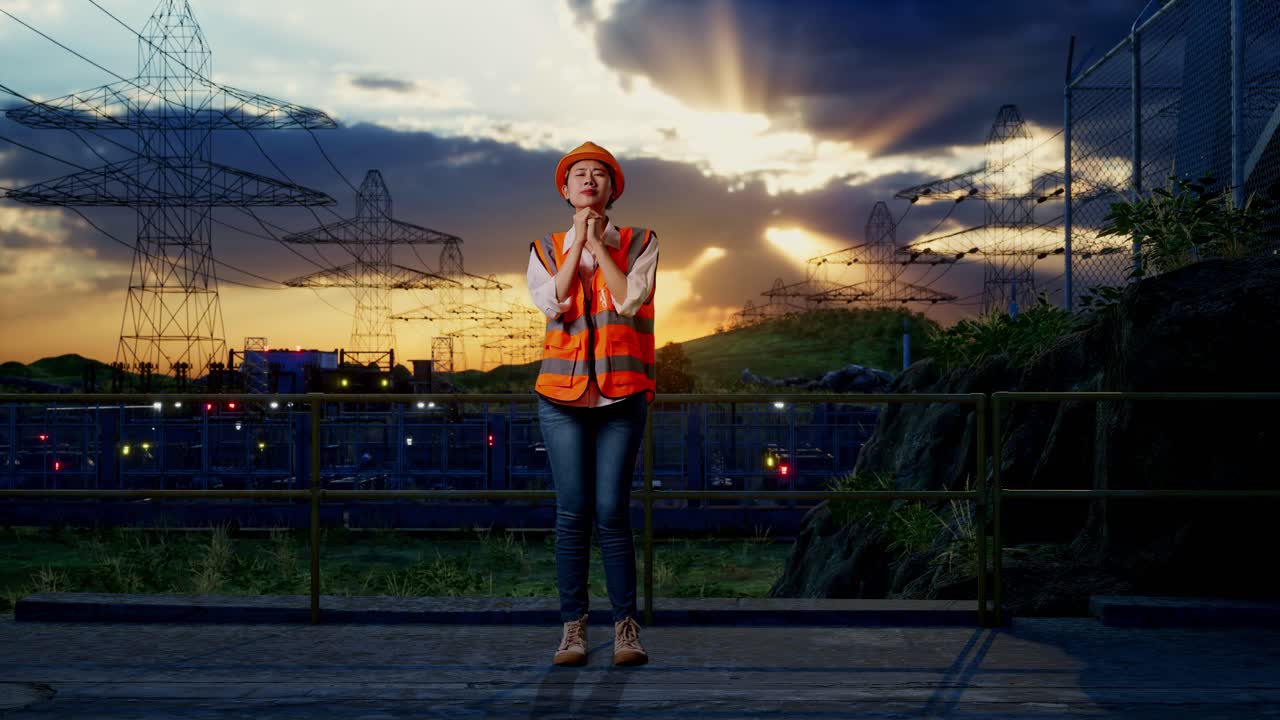 Full Body Of Asian Female Engineer With Safety Helmet Pray For Something While Standing Near High Voltage Tower