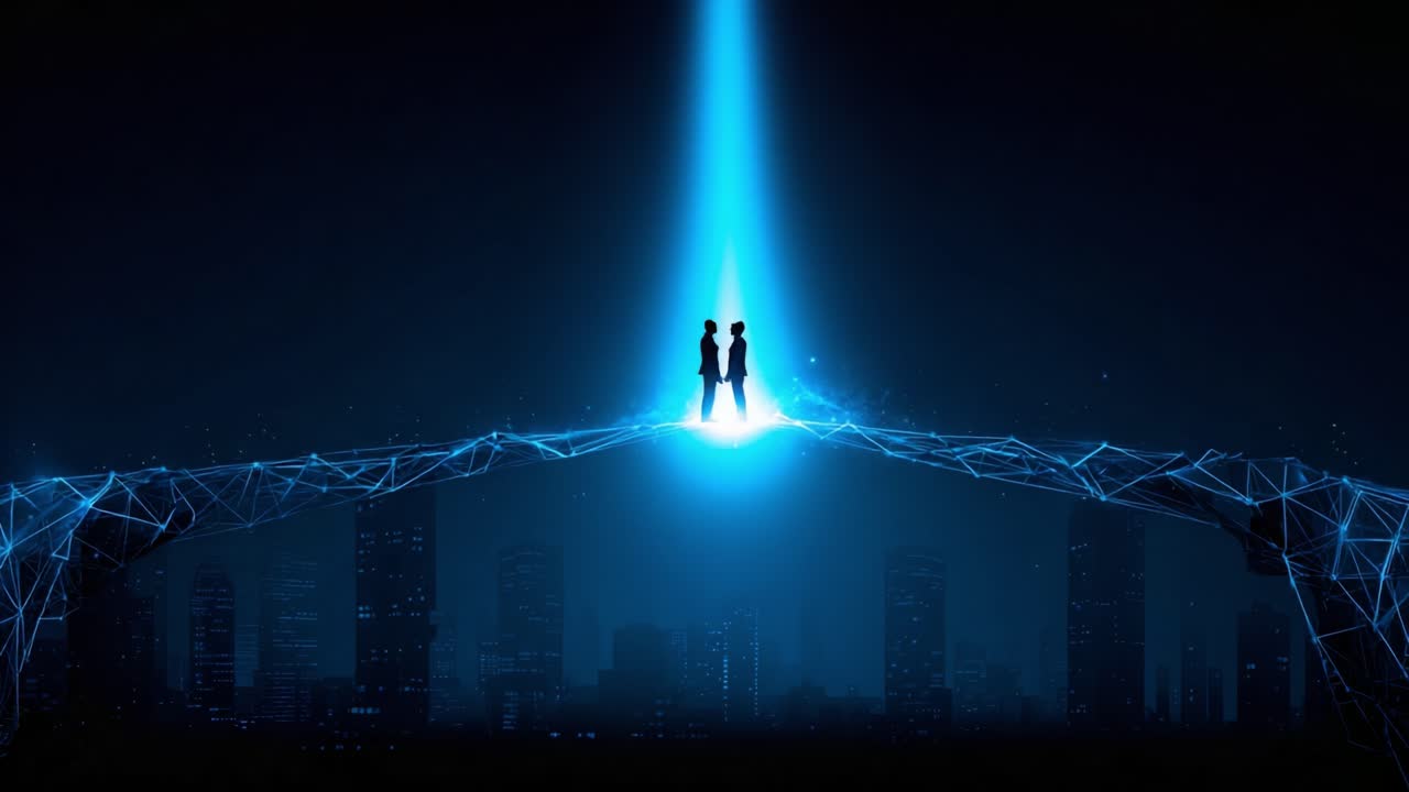 Two figures stand on a glowing digital bridge, connected by streams of light, symbolizing unity and connection in a futuristic urban landscape, surrounded by skyscrapers and a radiant blue beam