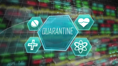 medical icons with quarantine text against stock market data processing