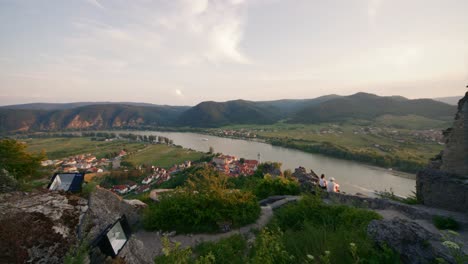 Aerial-drone-shot-of-Danube-river-and-village-Dürnstein