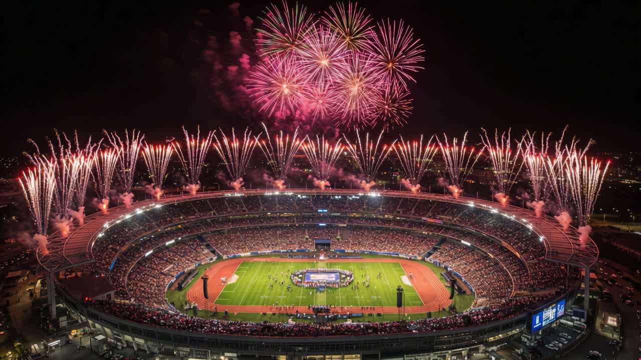A Spectacle of Color and Light: Fireworks Illuminate the Night Sky Above a Packed Stadium, Celebrating a Momentous Occasion with Vibrant Displays of Pyrotechnics