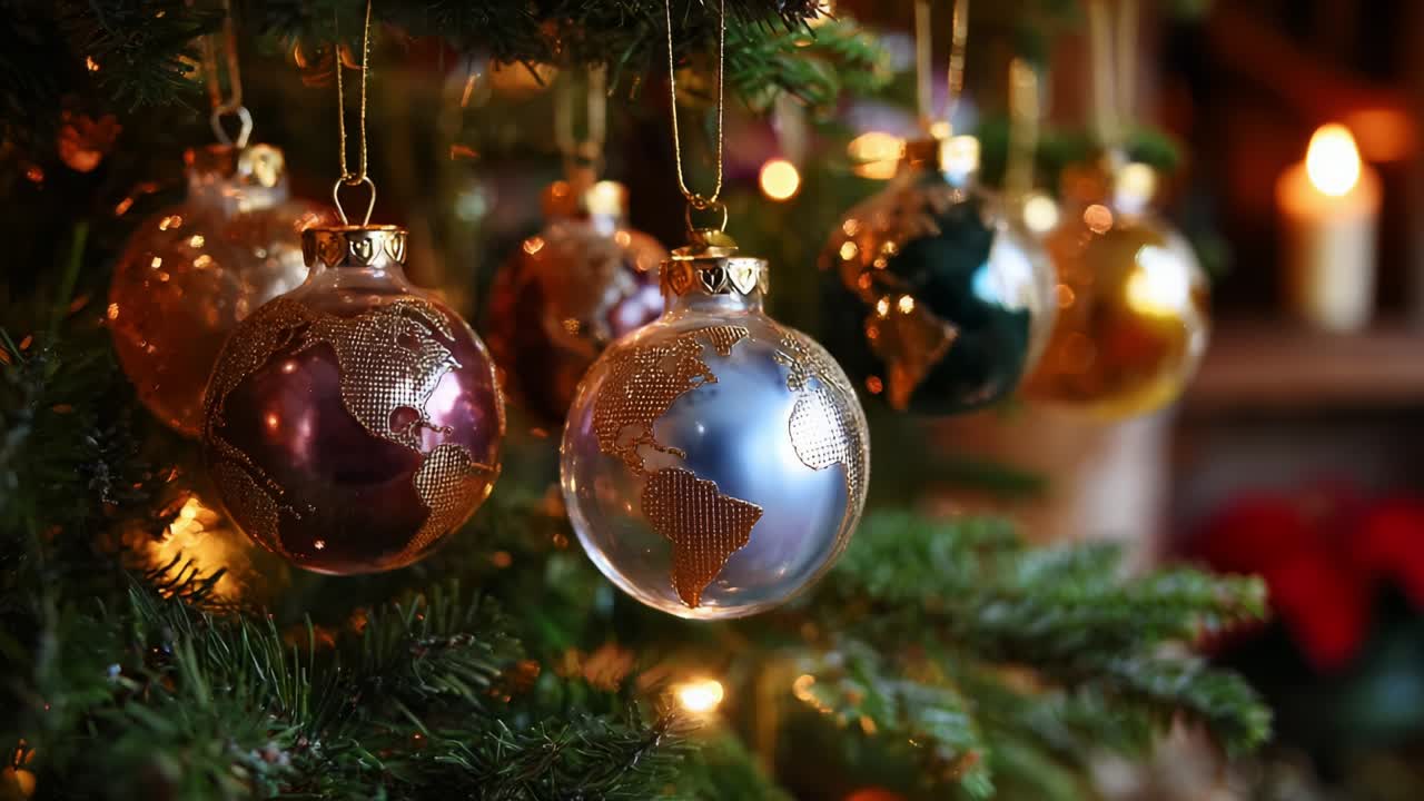 A Beautiful Close-Up of Glimmering Christmas Ornaments Featuring the Globe, Showcasing Festive Decorations with a Striking Blend of Colors and Textures Against a Cozy Holiday Background