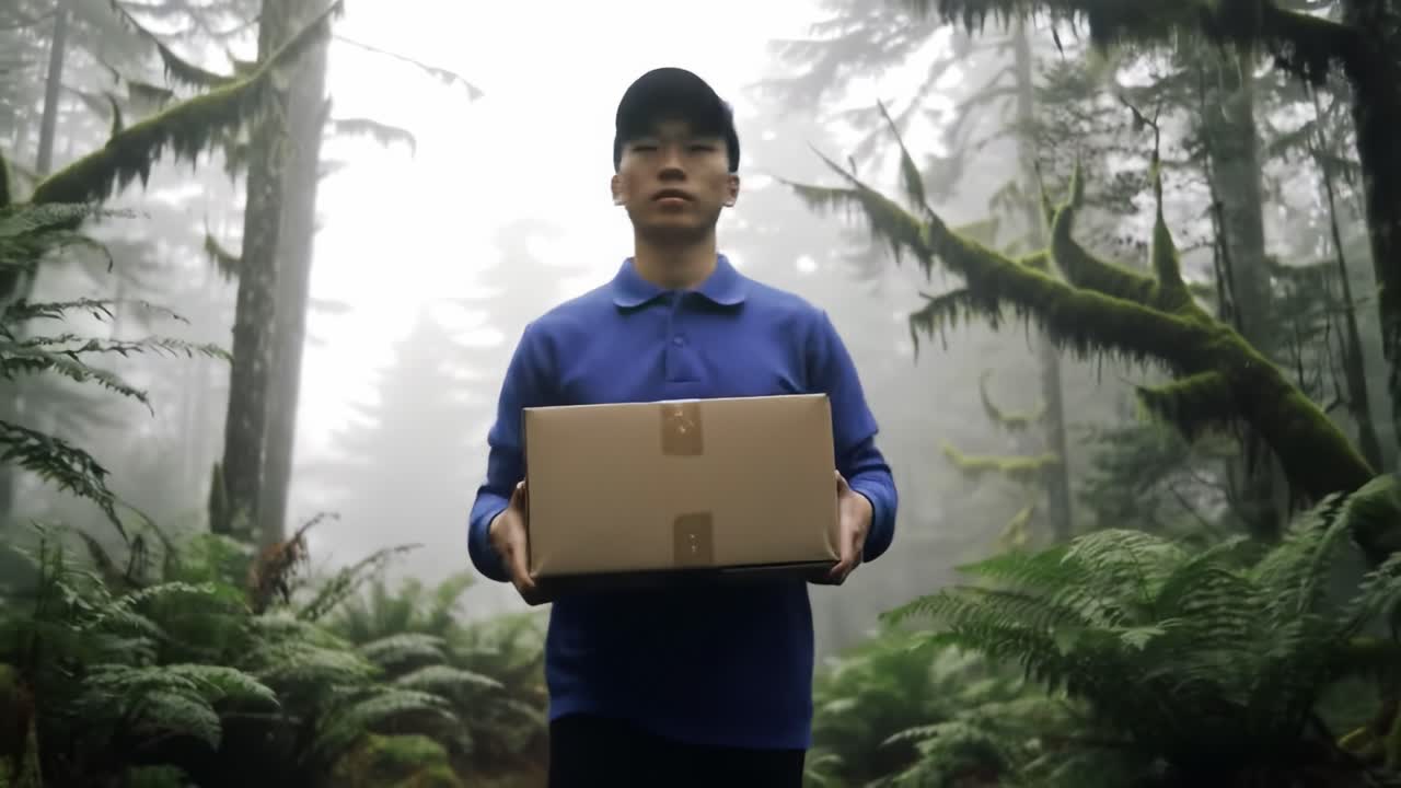 A person stands in a dense, misty forest holding a cardboard box. The surroundings are lush with greenery and the atmosphere is calm and serene as morning light filters through the trees.