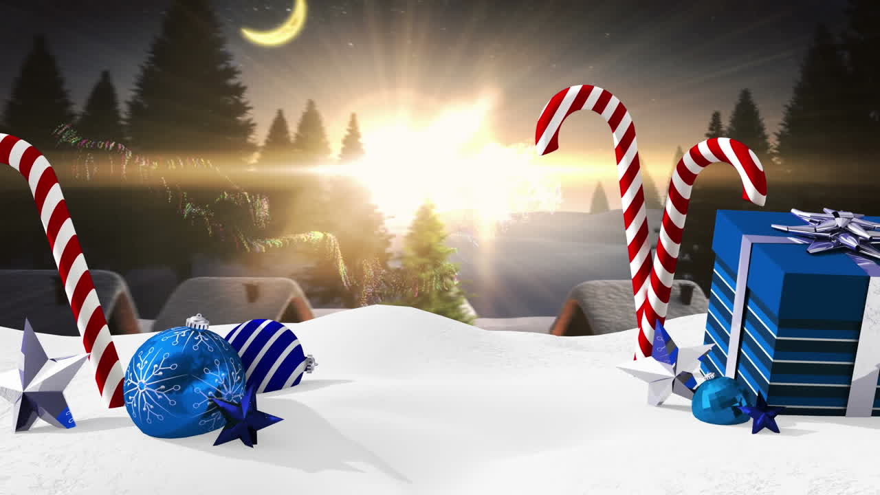 animación de saludos de navidad texto y decoraciones en paisajes de invierno
