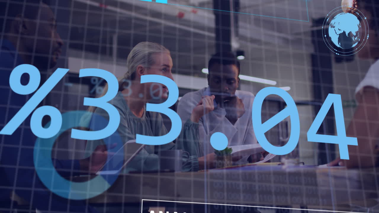 Animation of financial data processing over diverse colleagues working in office