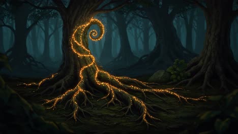 a magical forest scene with twisting roots illuminated by enchanting light, creating a mystical atmosphere in an ancient woodland setting