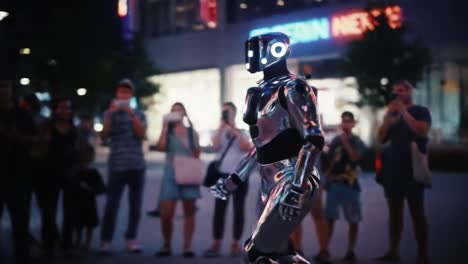 a spectacular display of robotics: a stunning performance by an advanced humanoid robot captivating an enthralled audience in an urban night setting