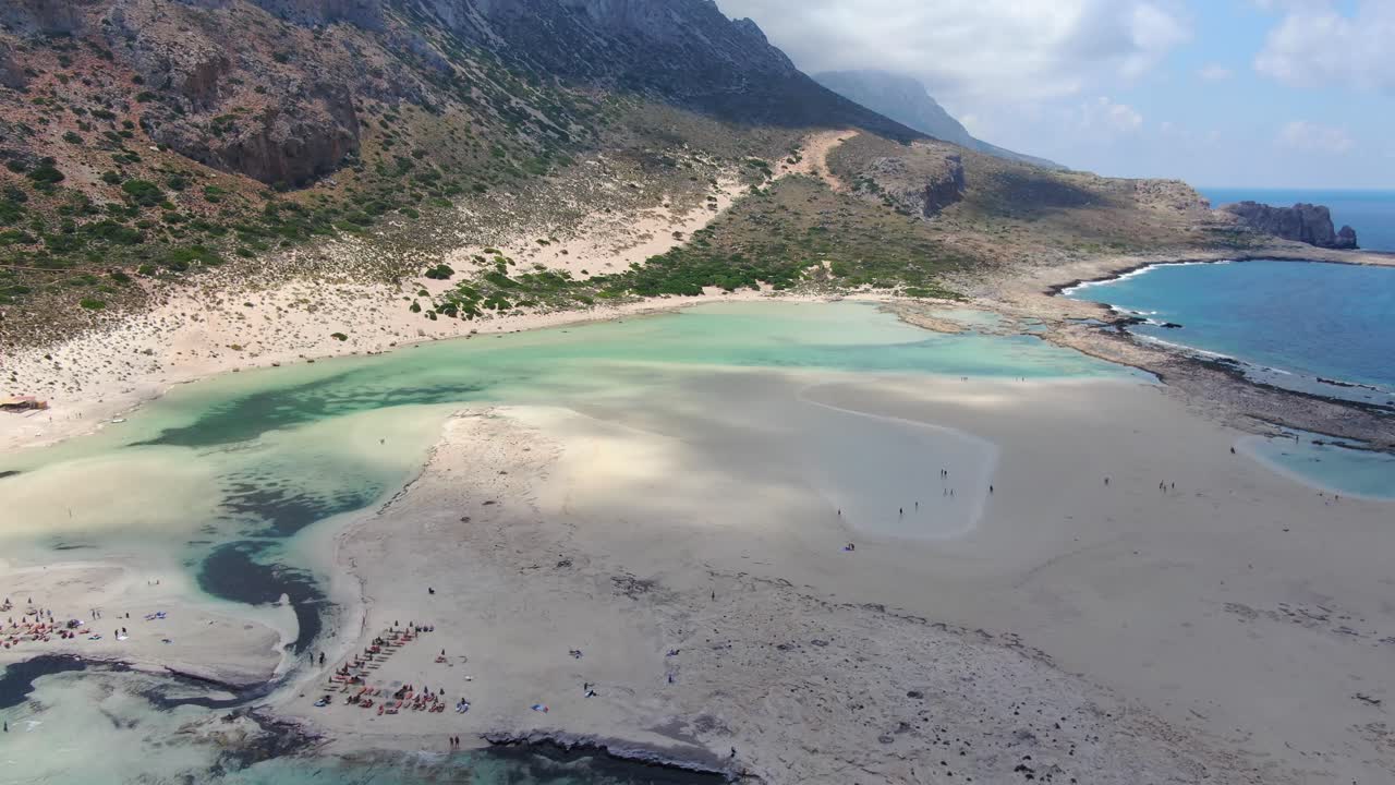 Balos Beach lagoon and beach in Crete Greece seen from high up, Aerial flyover reveal shot