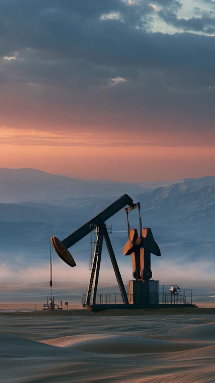 Enchanting Landscape Featuring a Pumpjack at Sunset, Surrounded by Serene Mountains and a Colorful Sky Highlighting Nature's Beauty and Industrial Presence
