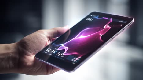 a close-up view of a hand holding a sleek tablet displaying dynamic visuals and user interface elements, showcasing modern technology and digital interaction