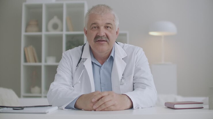 der arzt kommuniziert per videoanruf mit einem patienten oder kollegen. porträtansicht von der webkamera des laptops