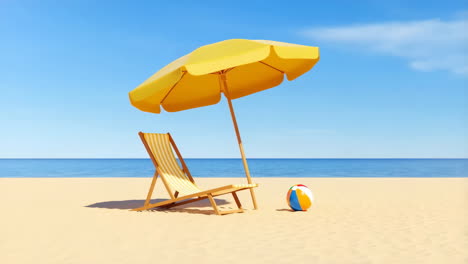 sunny beach scene with umbrella, chair, and beach ball