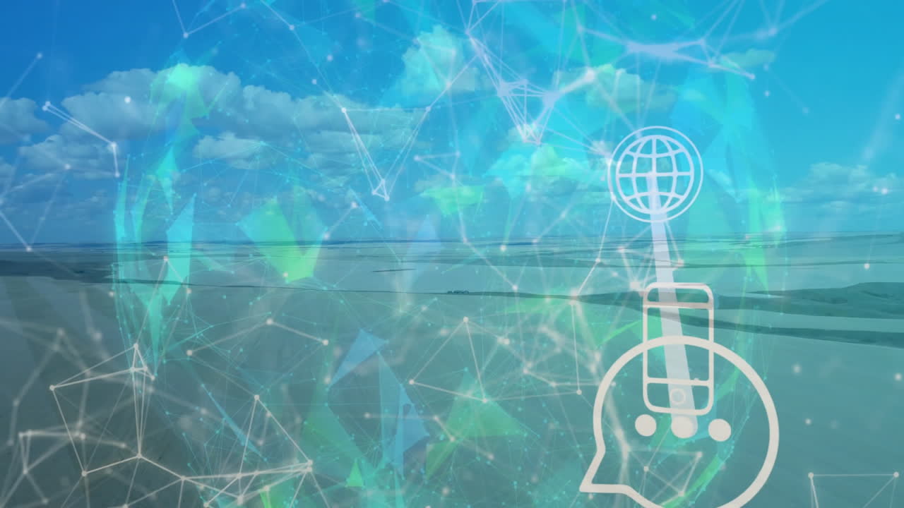 Network of connections and data processing animation over landscape with clouds