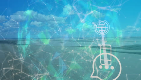 network of connections and data processing animation over landscape with clouds