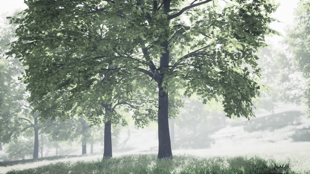 아침  ⁇ 빛으로 큰 마당을 가진 초록색 잔디 ⁇