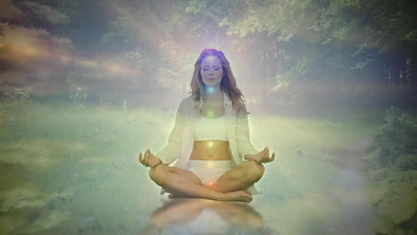 animation of glowing light over woman practicing yoga against trees in background