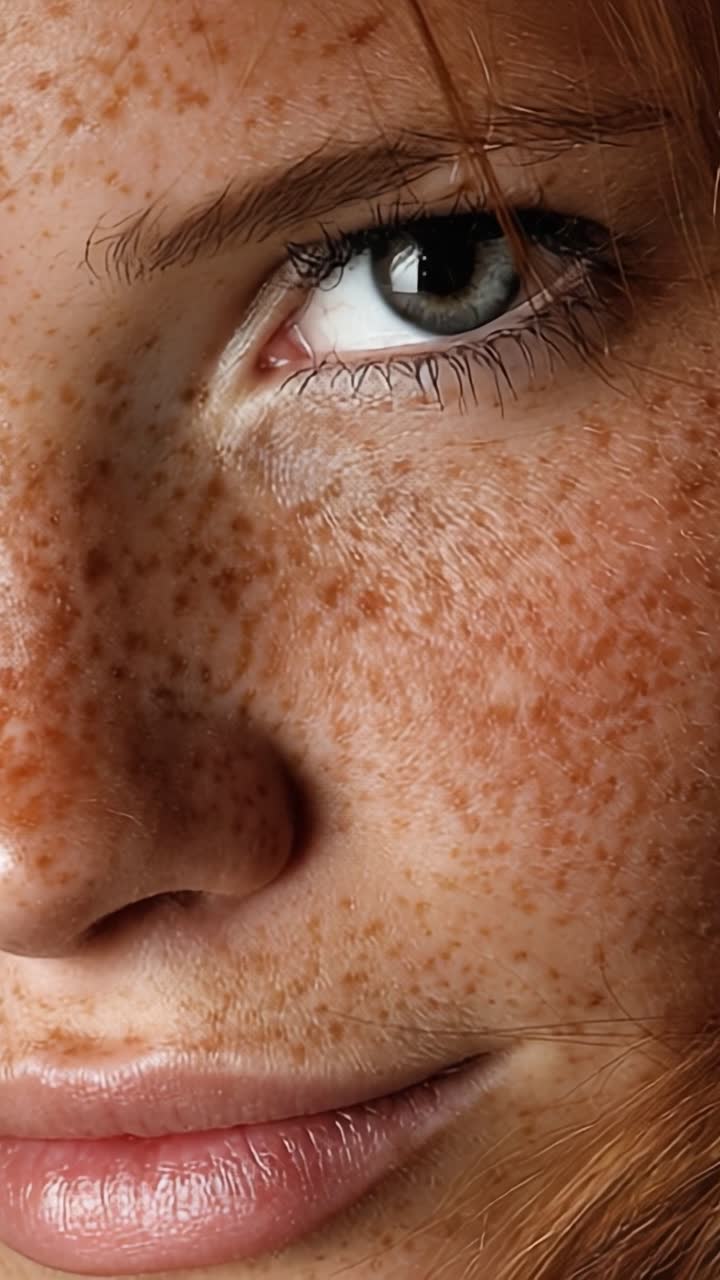 Primo Piano Affascinante di Lentiggini su un Viso che Evidenzia la Bellezza Naturale e le Caratteristiche Uniche in Luce e Ombra