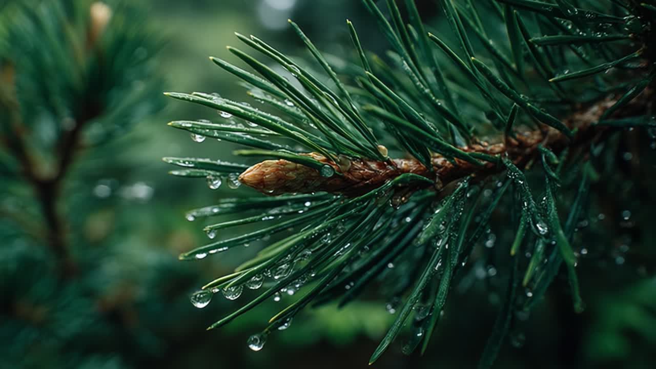 Close-Up of Pine Needles Covered in Dew Drops: A Nature Study of Freshness and Greenery in a Lush Environment