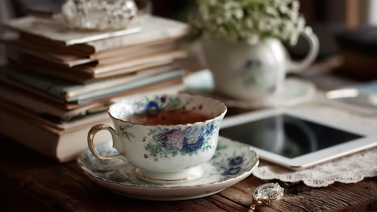 A Cozy Afternoon Tea Scene Featuring Elegant Porcelain Teacup with Floral Design, Vintage Books, and a Peaceful Atmosphere Enhancing Relaxation and Enjoyment
