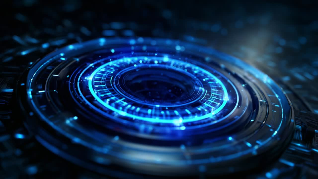Captivating Visual of a Futuristic Circular Interface with Dynamic Blue Light Effects and Complex Digital Patterns That Evoke a Sense of High Technology and Innovation in a Hypothetical Sci-Fi Environment