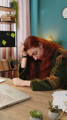 sad frustrated pensive annoyed woman suffers from unfair situation bankruptcy stress at home office