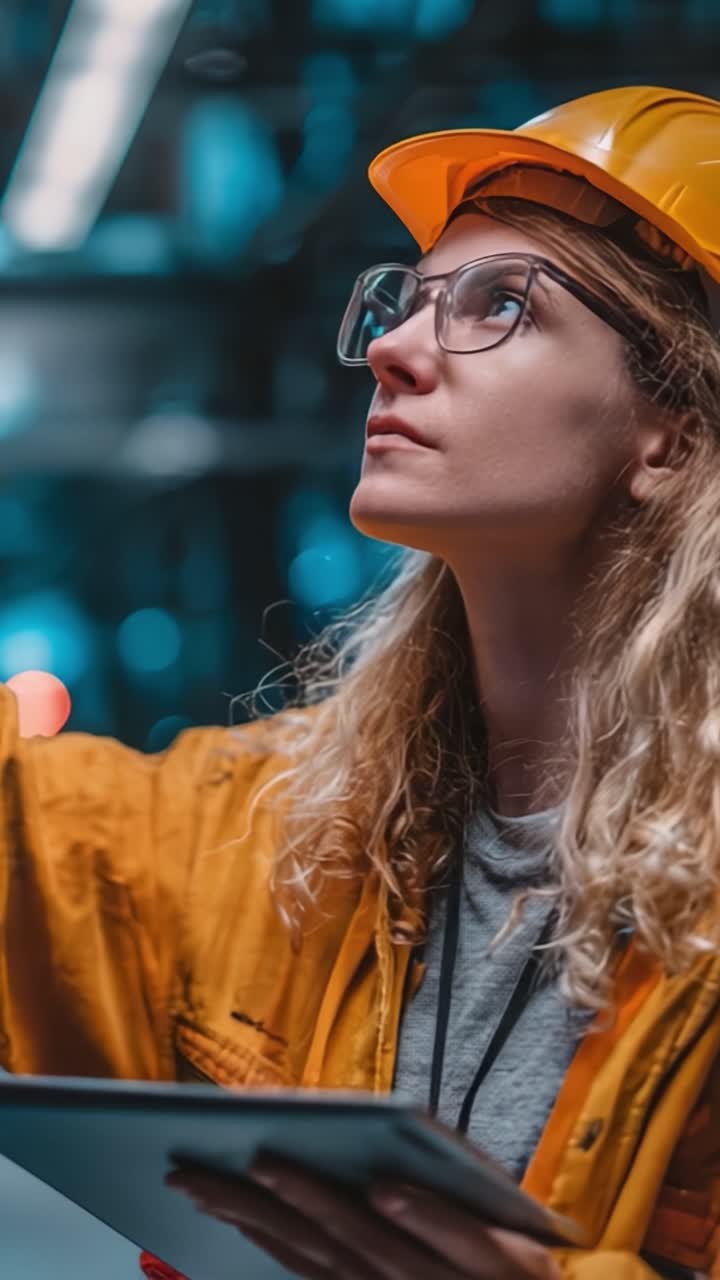 Un ingegnere concentrato che utilizza un tablet per supervisionare le operazioni, mostrando competenza e attenzione in un ambiente ad alta tecnologia con dispositivi di sicurezza e un atteggiamento professionale.